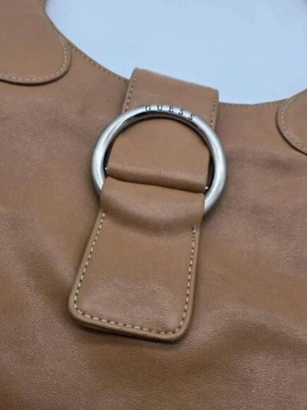 Vintage GUESS Y2K Hobo Shoulder Bag Camel Silver Ring Hardware